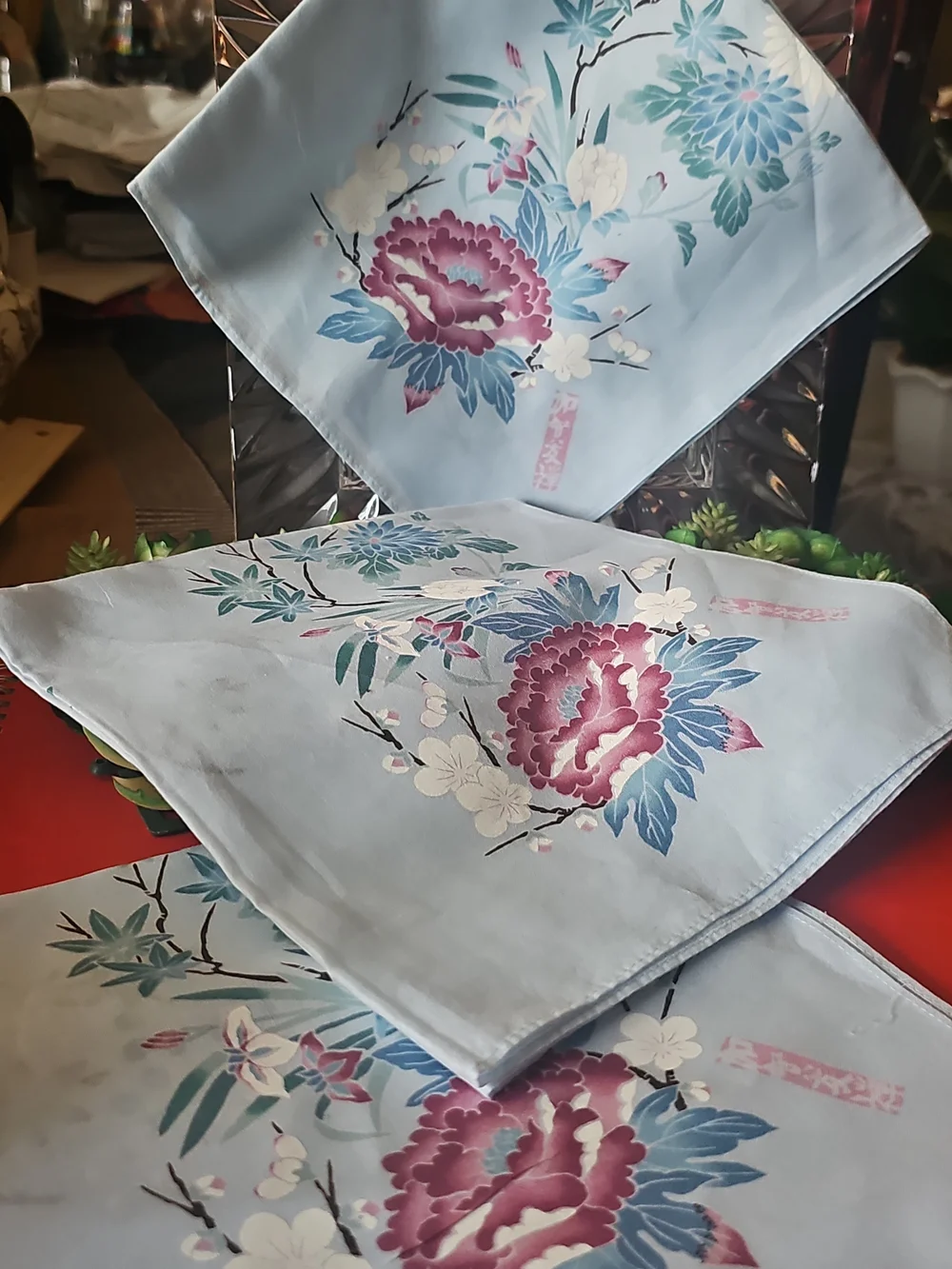 NEW Set 3 Vintage square Handkerchief floral blue pastel (17x17